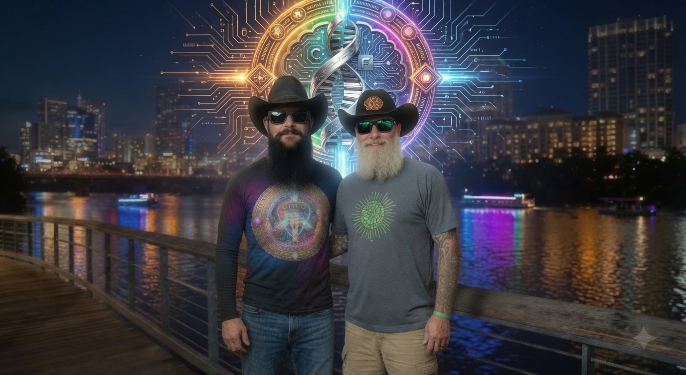 Chris and Craig on the Austin boardwalk at night